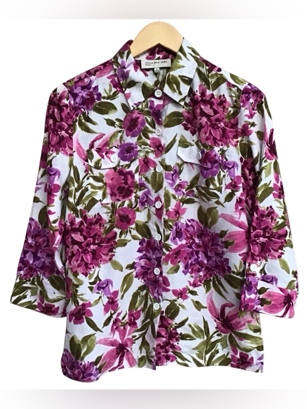 Jones New York White Linen Blouse with Pink & Green Floral Print